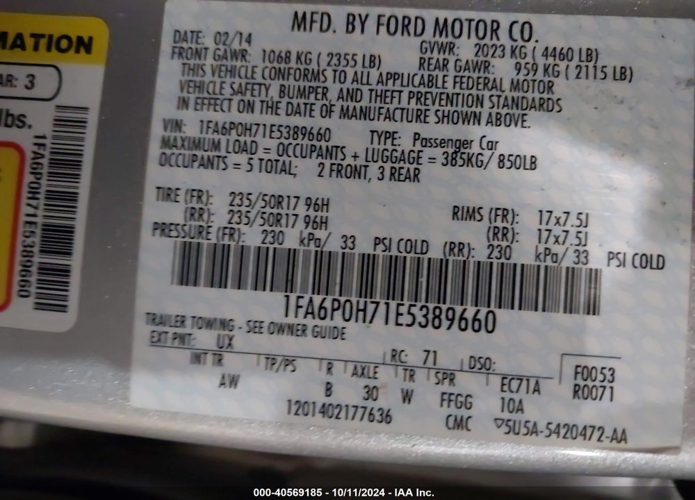 2014 FORD FUSION SE VIN: 1FA6P0H71E5389660