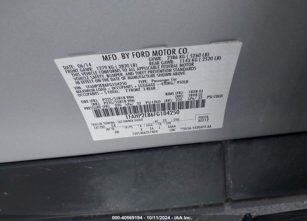 2015 FORD TAURUS SEL VIN: 1FAHP2E86FG104250