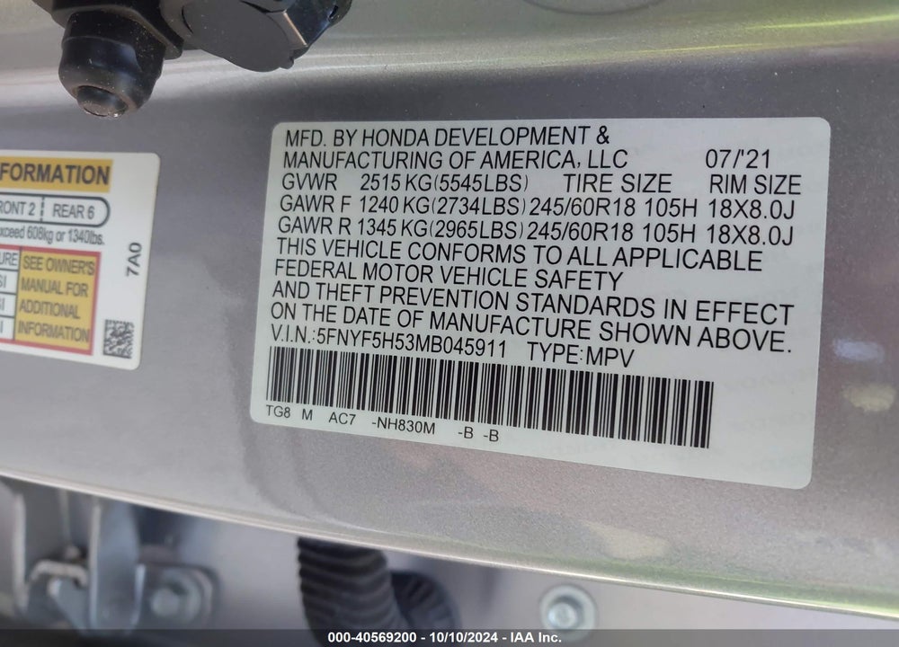 2021 HONDA PILOT 2WD EX-L VIN: 5FNYF5H53MB045911