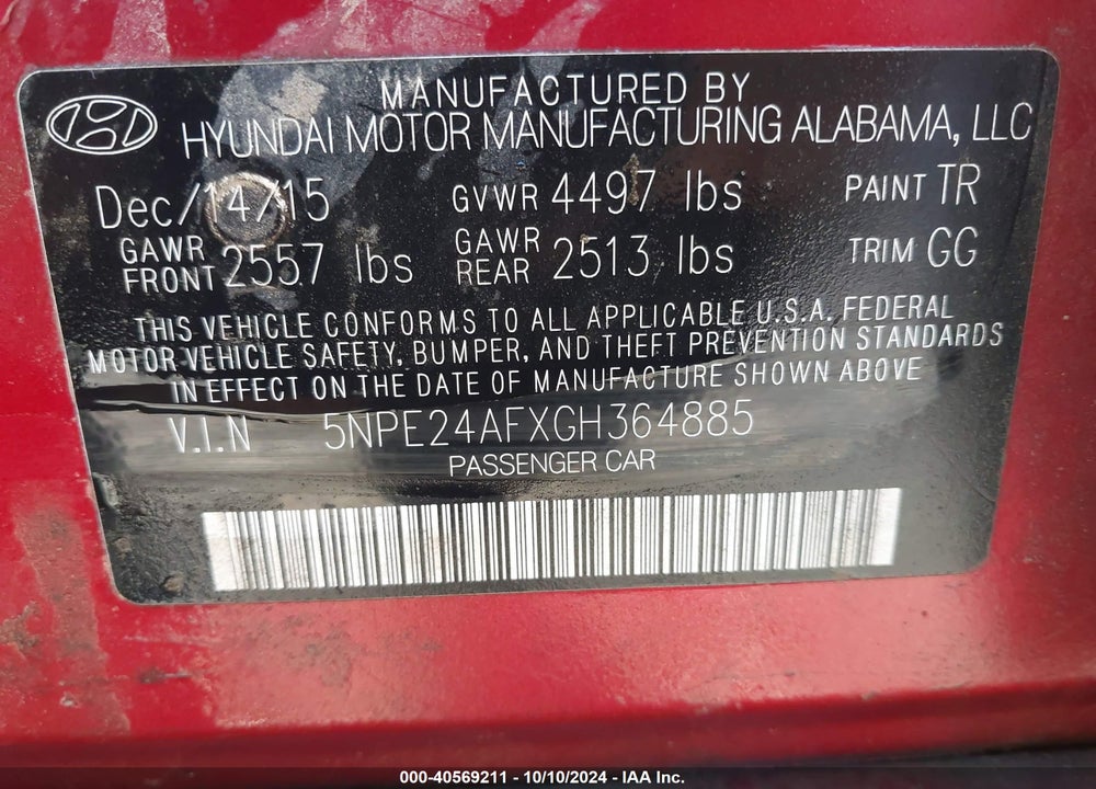 2016 HYUNDAI SONATA SE VIN: 5NPE24AFXGH364885