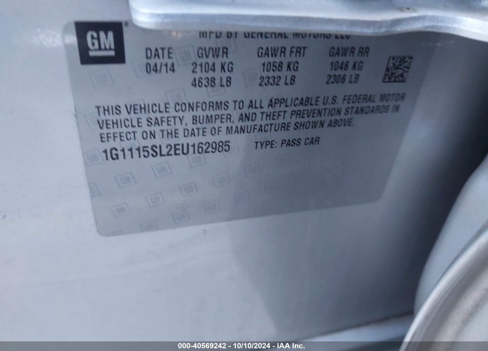 2014 CHEVROLET IMPALA 1LT VIN: 1G1115SL2EU162985