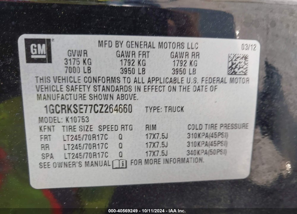 2012 CHEVROLET SILVERADO 1500 LT VIN: 1GCRKSE77CZ264660