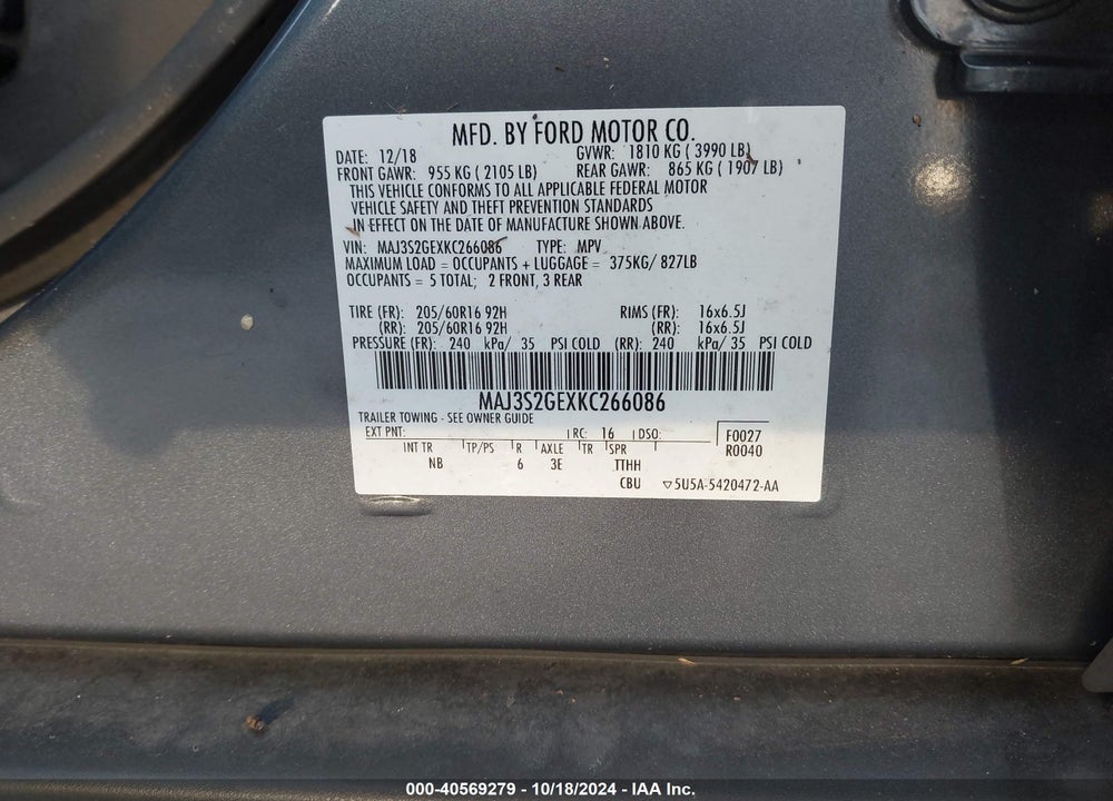 2019 FORD ECOSPORT SE VIN: MAJ3S2GEXKC266086