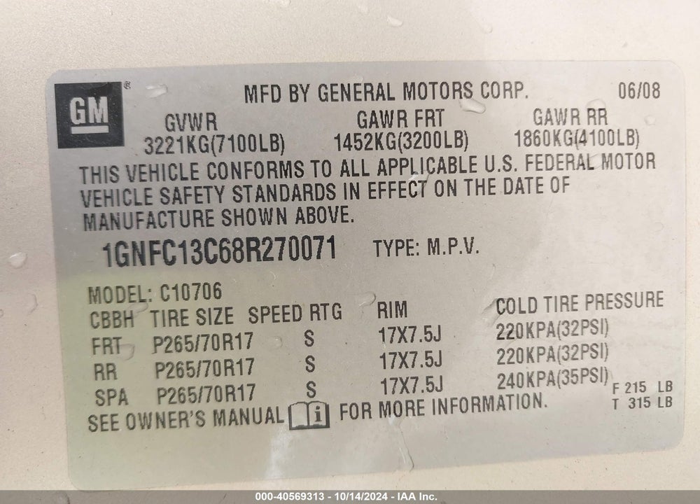 2008 CHEVROLET TAHOE LS VIN: 1GNFC13C68R270071