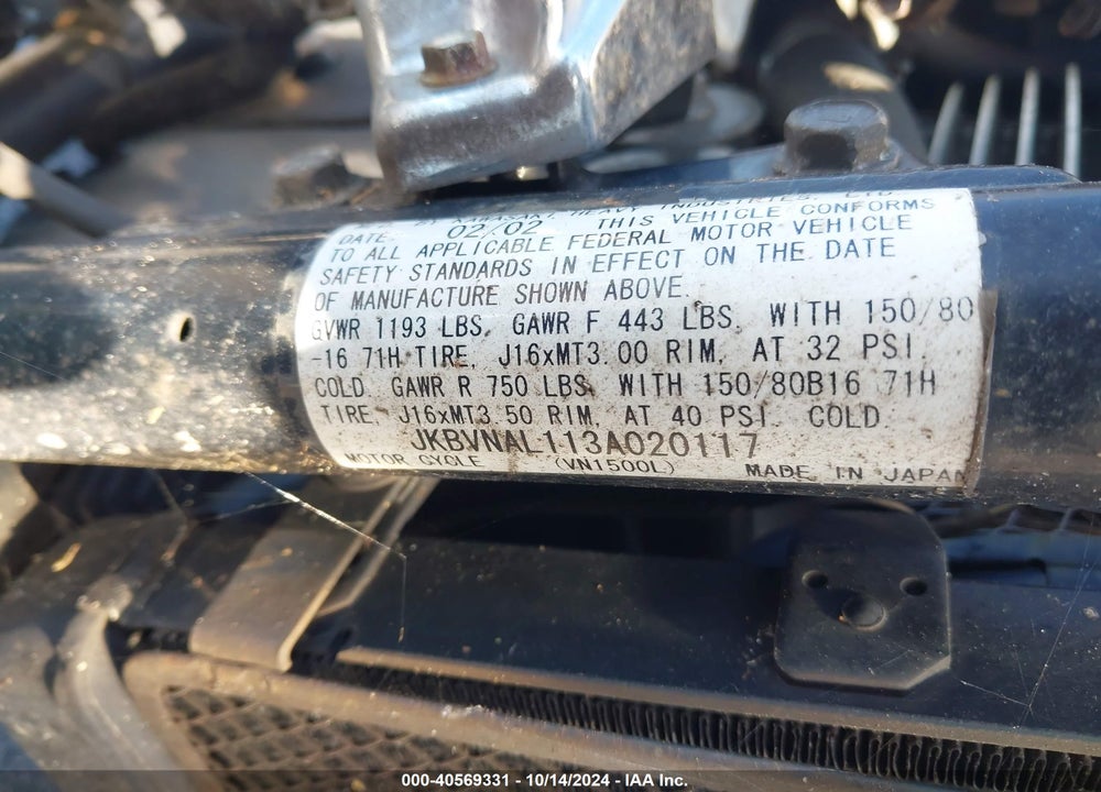 2003 KAWASAKI VN1500 L VIN: JKBVNAL113A020117