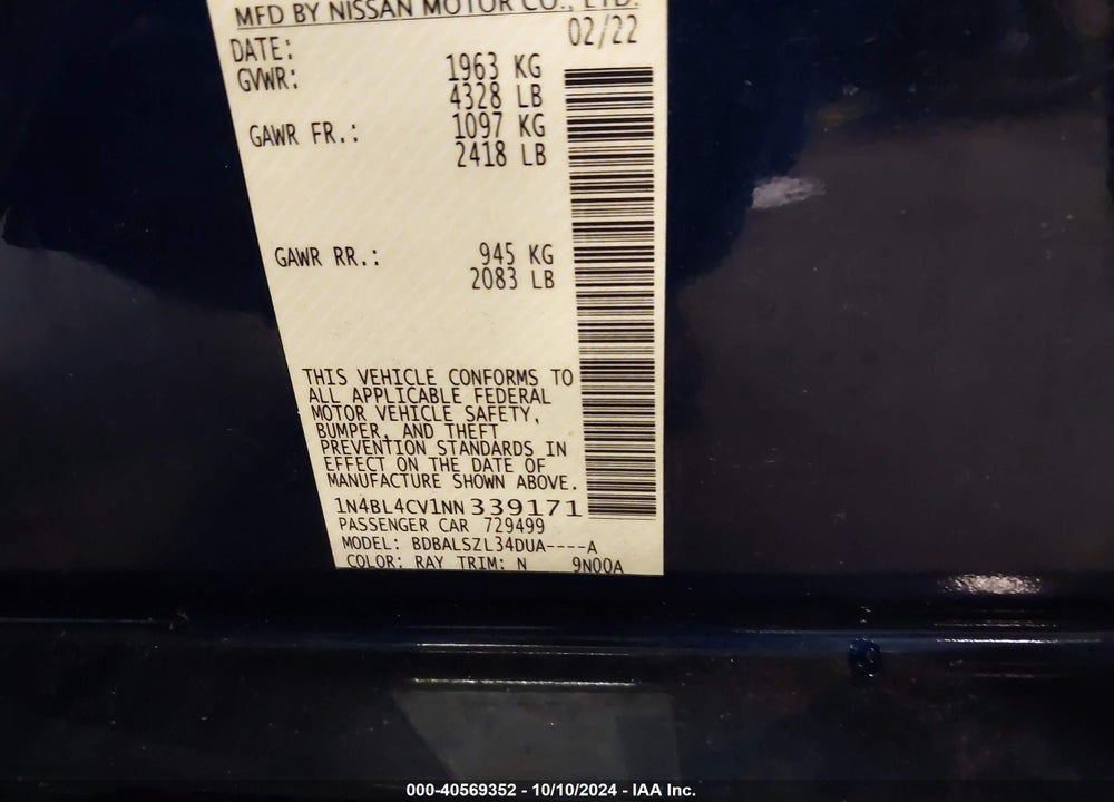 2022 NISSAN ALTIMA SR FWD VIN: 1N4BL4CV1NN339171