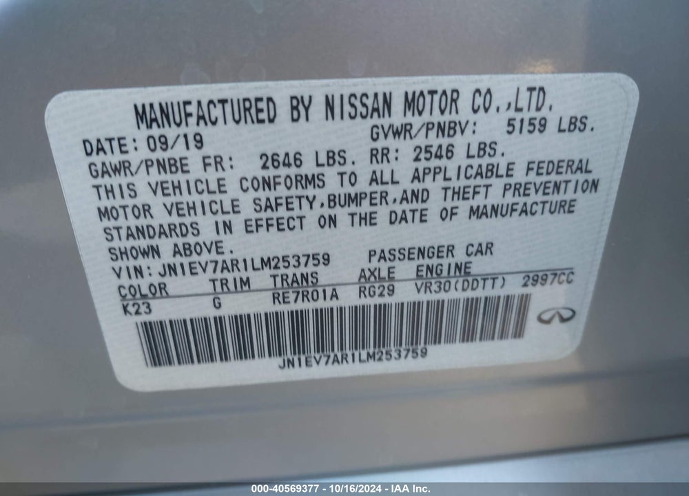 2020 INFINITI Q50 LUXE AWD VIN: JN1EV7AR1LM253759