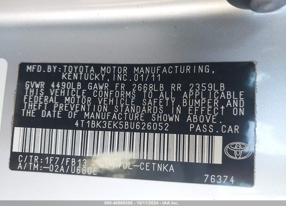 2011 TOYOTA CAMRY LE V6 VIN: 4T1BK3EK5BU626052