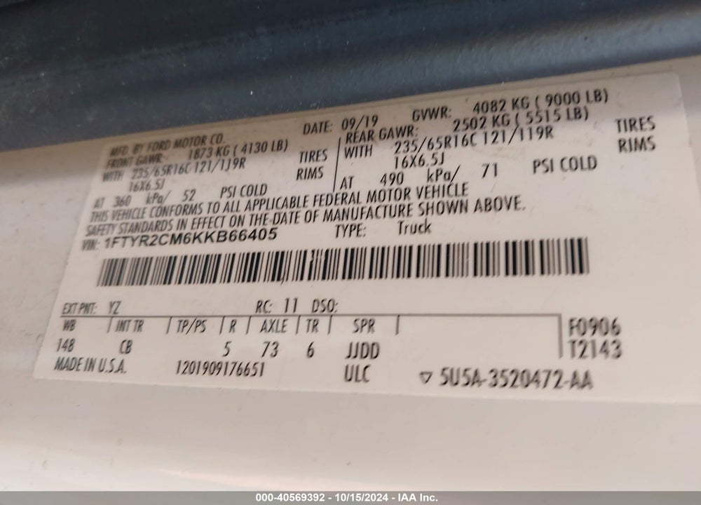 2019 FORD TRANSIT-250 VIN: 1FTYR2CM6KKB66405