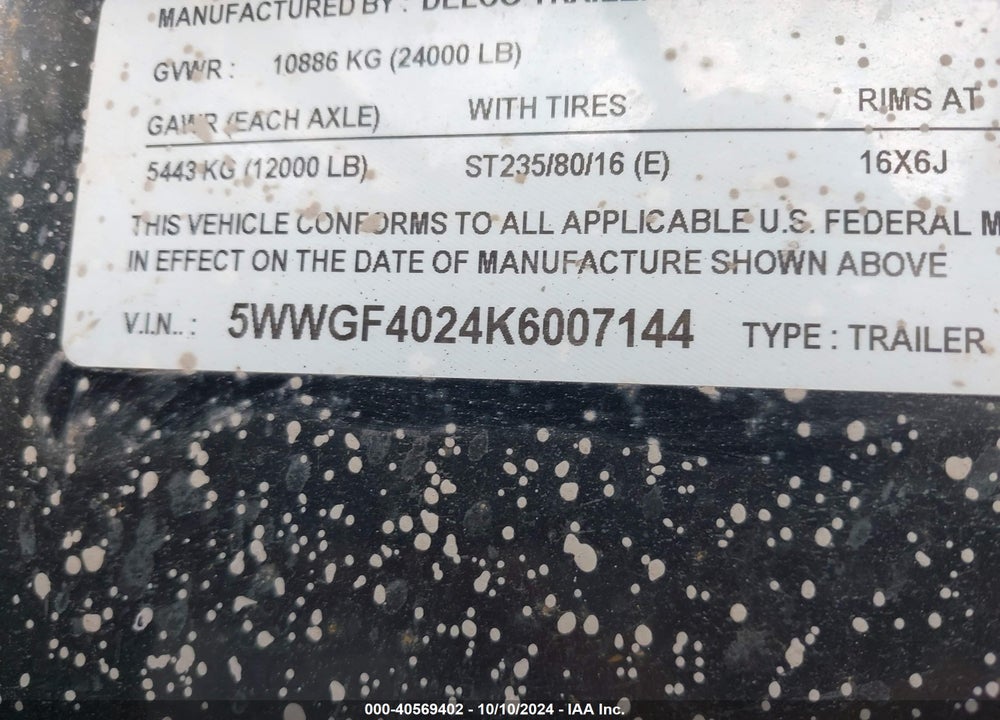 2019 DELCO TRAILERS 40' GOOSENECK TRAILER VIN: 5WWGF4024K6007144