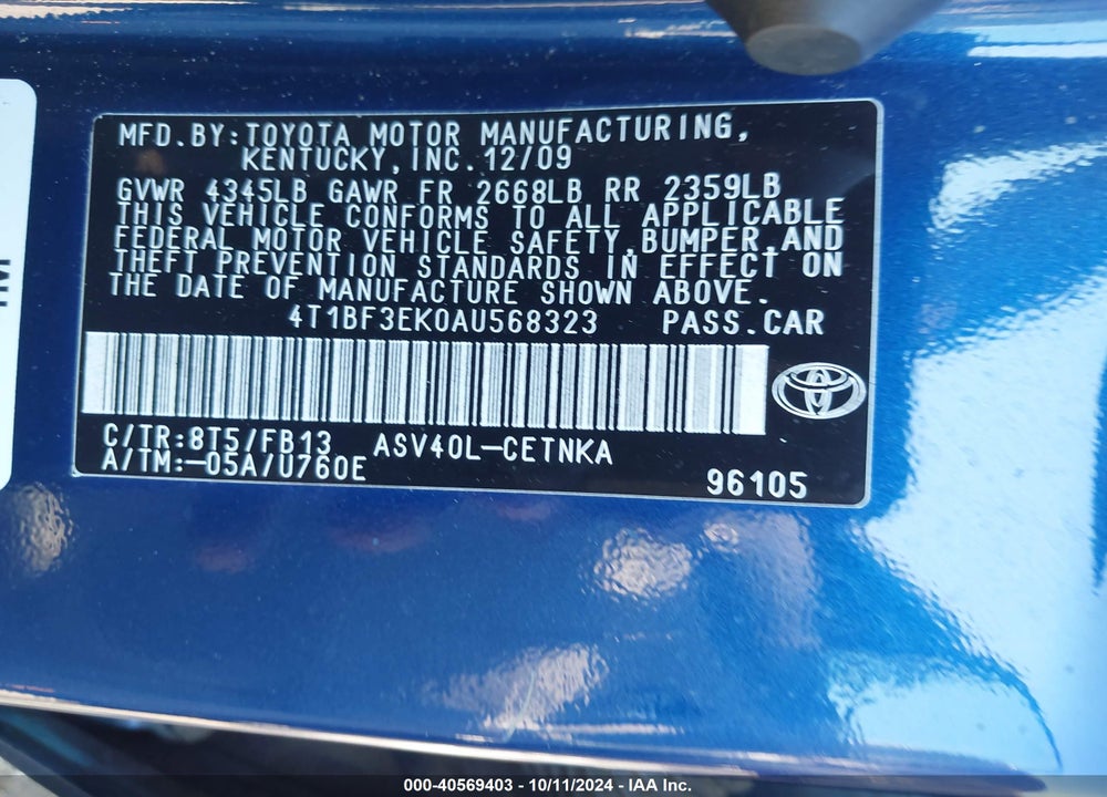 2010 TOYOTA CAMRY VIN: 4T1BF3EK0AU568323