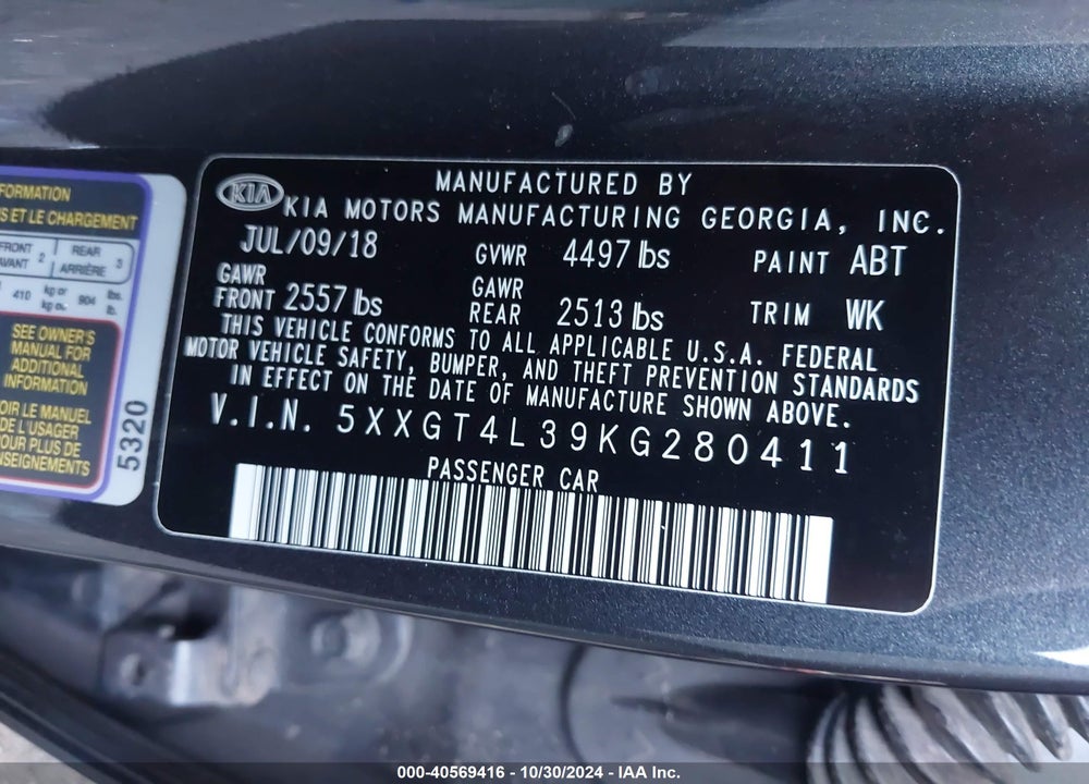 2019 KIA OPTIMA S VIN: 5XXGT4L39KG280411