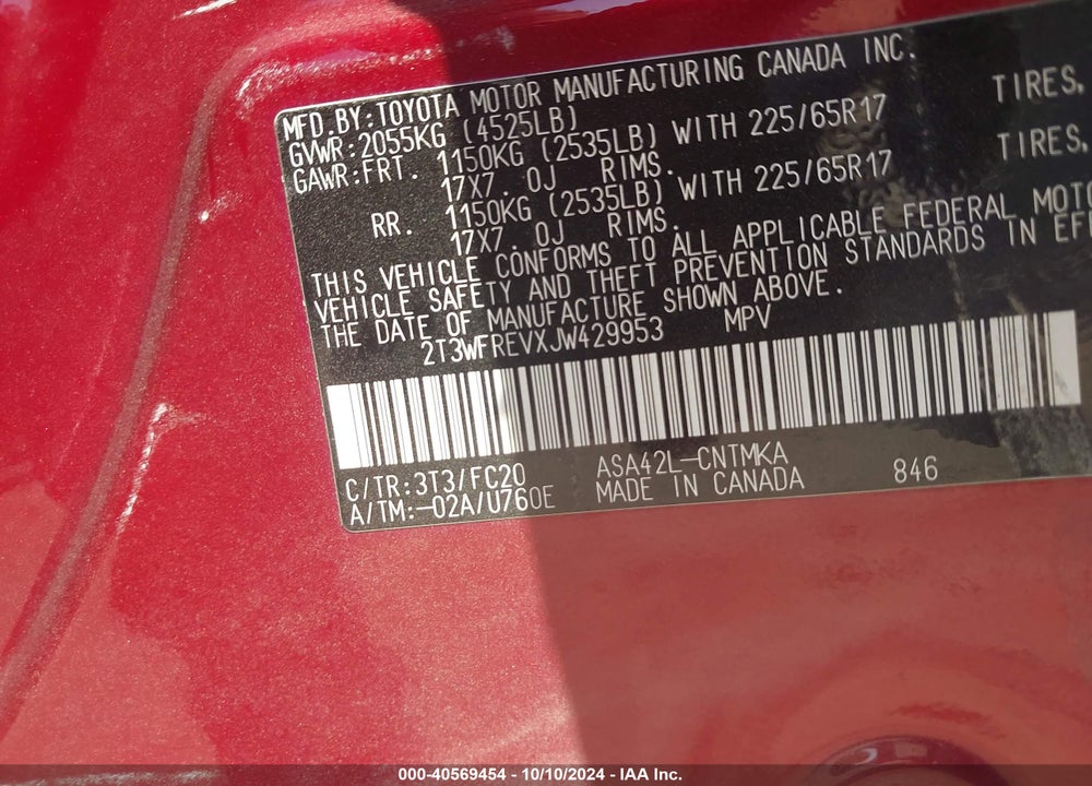 2018 TOYOTA RAV4 ADVENTURE/XLE VIN: 2T3WFREVXJW429953
