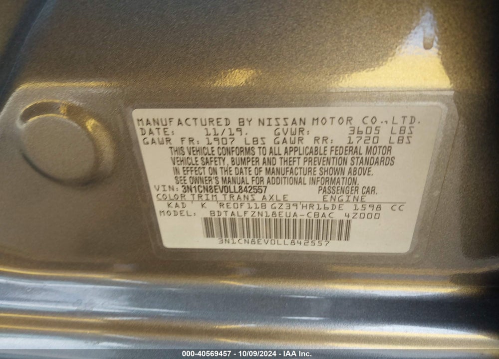 2020 NISSAN VERSA SV XTRONIC CVT VIN: 3N1CN8EV0LL842557