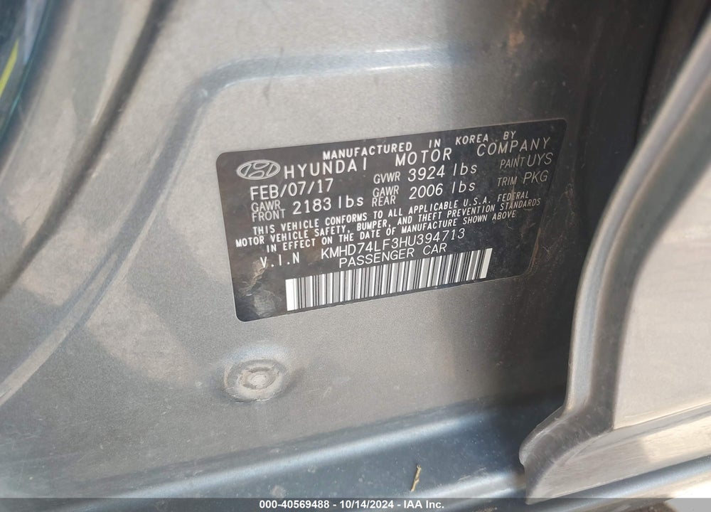 2017 HYUNDAI ELANTRA SE VIN: KMHD74LF3HU394713