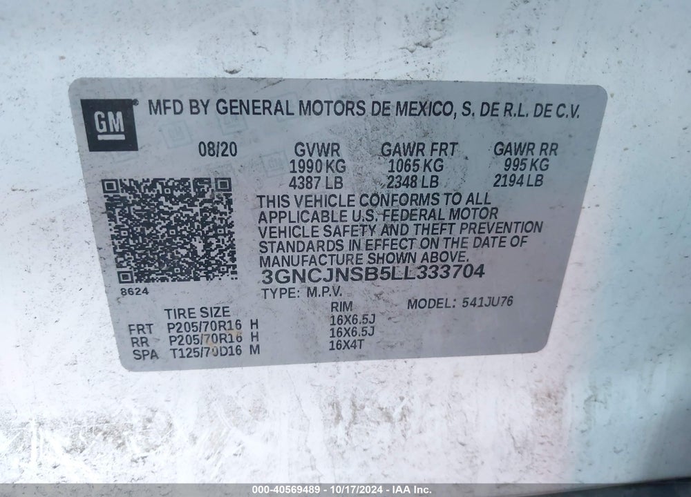 2020 CHEVROLET TRAX AWD LS VIN: 3GNCJNSB5LL333704