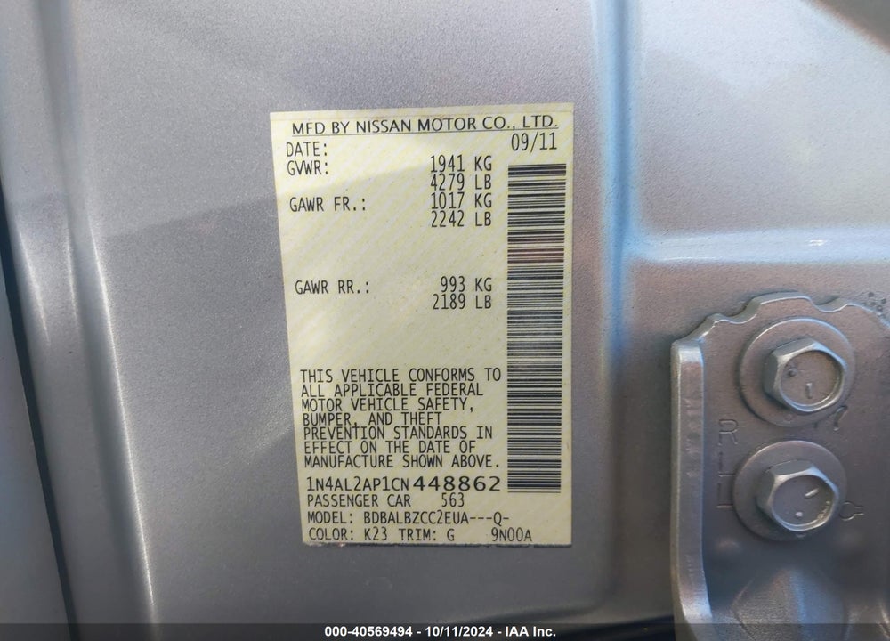 2012 NISSAN ALTIMA 2.5 S VIN: 1N4AL2AP1CN448862