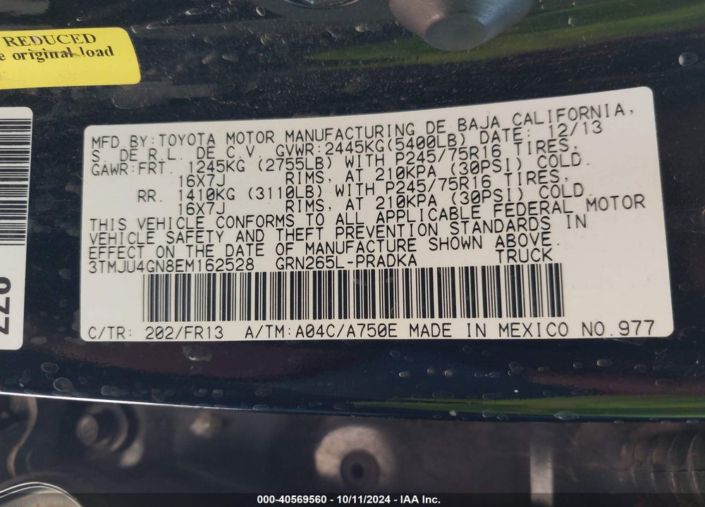 2014 TOYOTA TACOMA PRERUNNER V6 VIN: 3TMJU4GN8EM162528