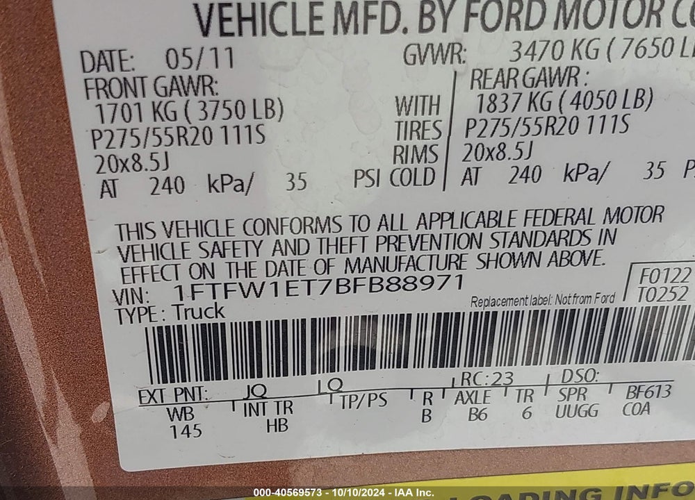 2011 FORD F-150 LARIAT VIN: 1FTFW1ET7BFB88971