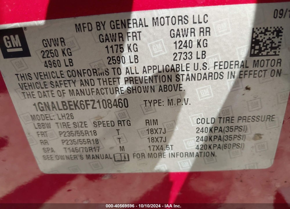 2015 CHEVROLET EQUINOX 1LT VIN: 1GNALBEK6FZ108460
