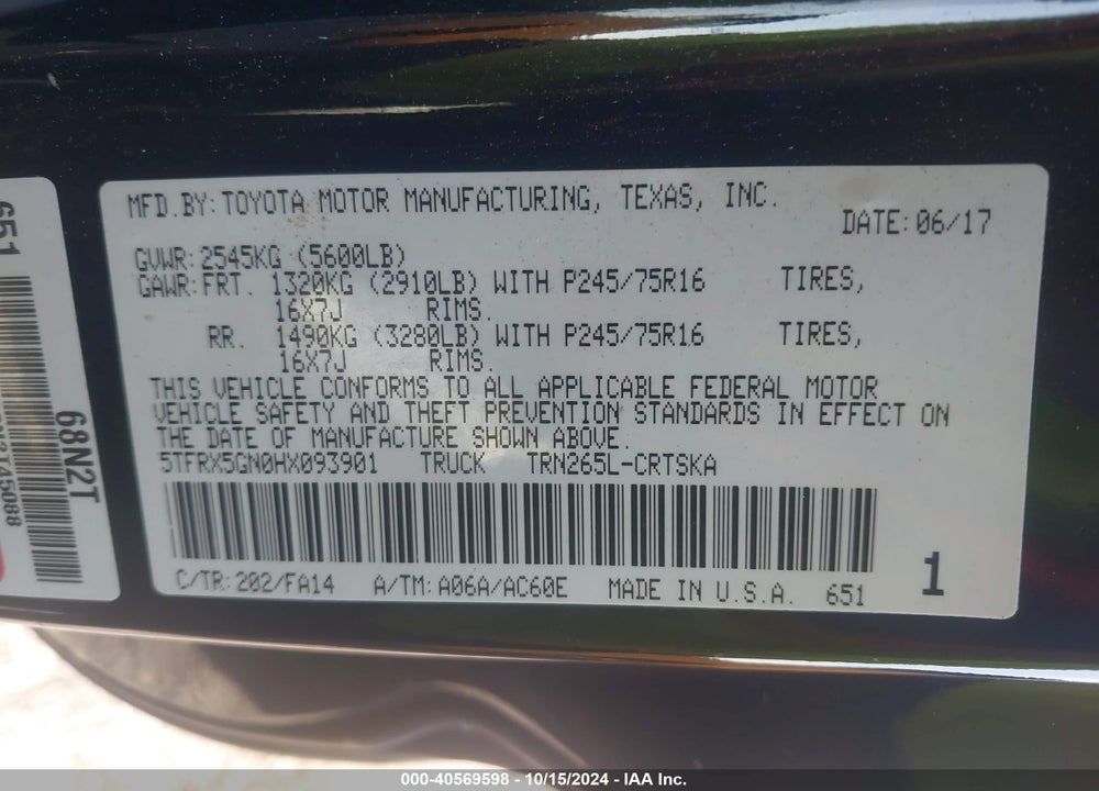 2017 TOYOTA TACOMA VIN: 5TFRX5GN0HX093901