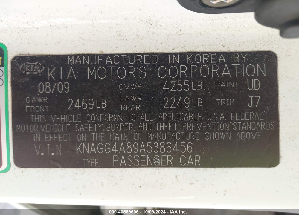 2010 KIA OPTIMA LX VIN: KNAGG4A89A5386456
