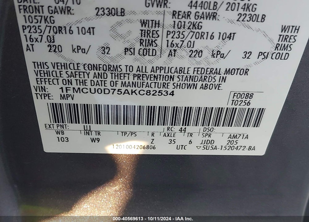 2010 FORD ESCAPE VIN: 1FMCU0D75AKC82534
