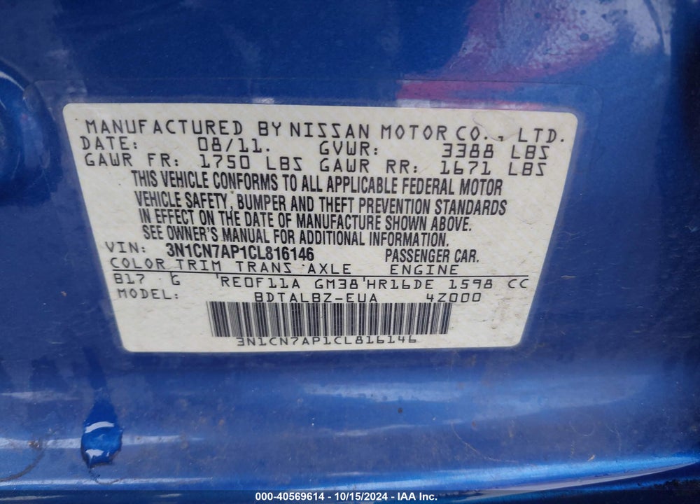 2012 NISSAN VERSA 1.6 SV VIN: 3N1CN7AP1CL816146