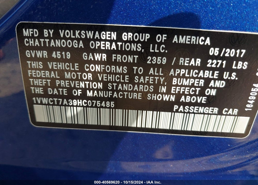 2017 VOLKSWAGEN PASSAT 1.8T SEL PREMIUM VIN: 1VWCT7A39HC075485