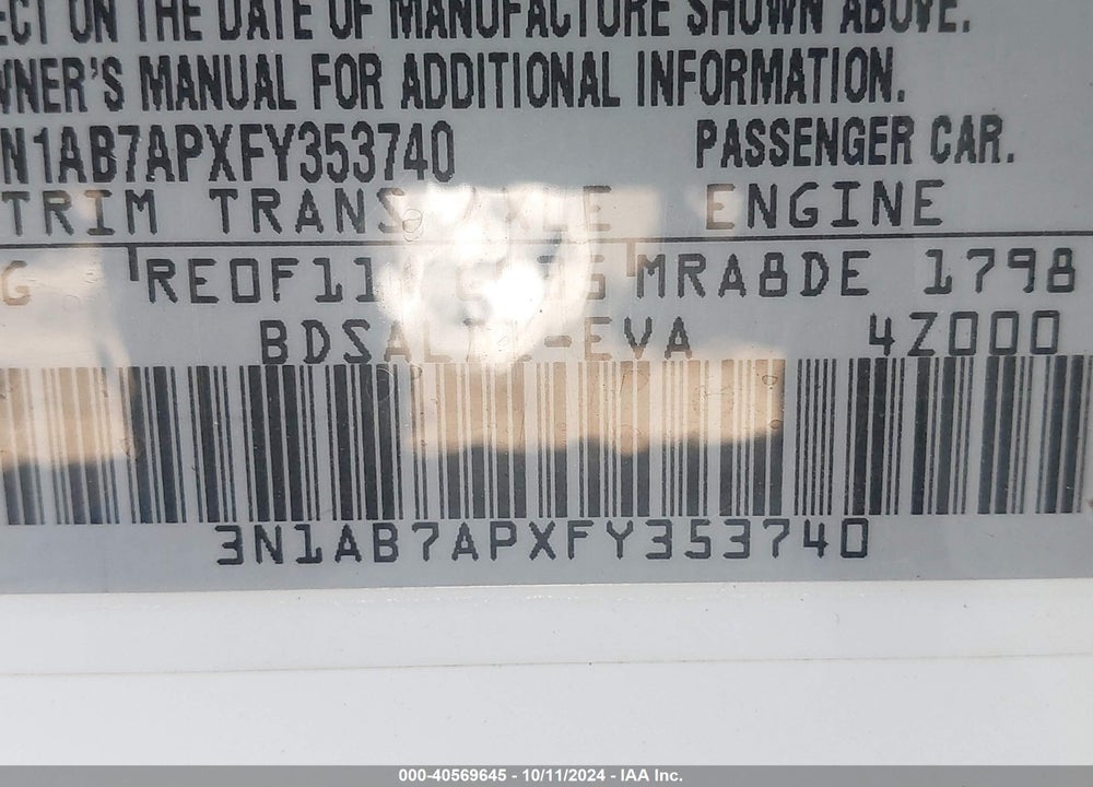 2015 NISSAN SENTRA SV VIN: 3N1AB7APXFY353740