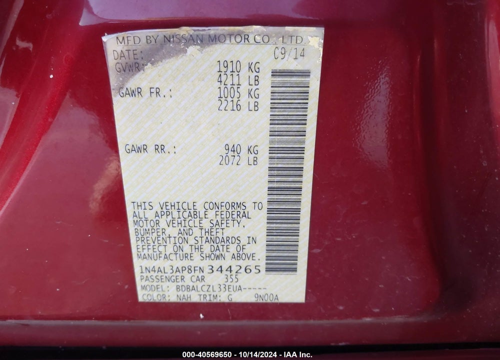 2015 NISSAN ALTIMA 2.5 S VIN: 1N4AL3AP8FN344265