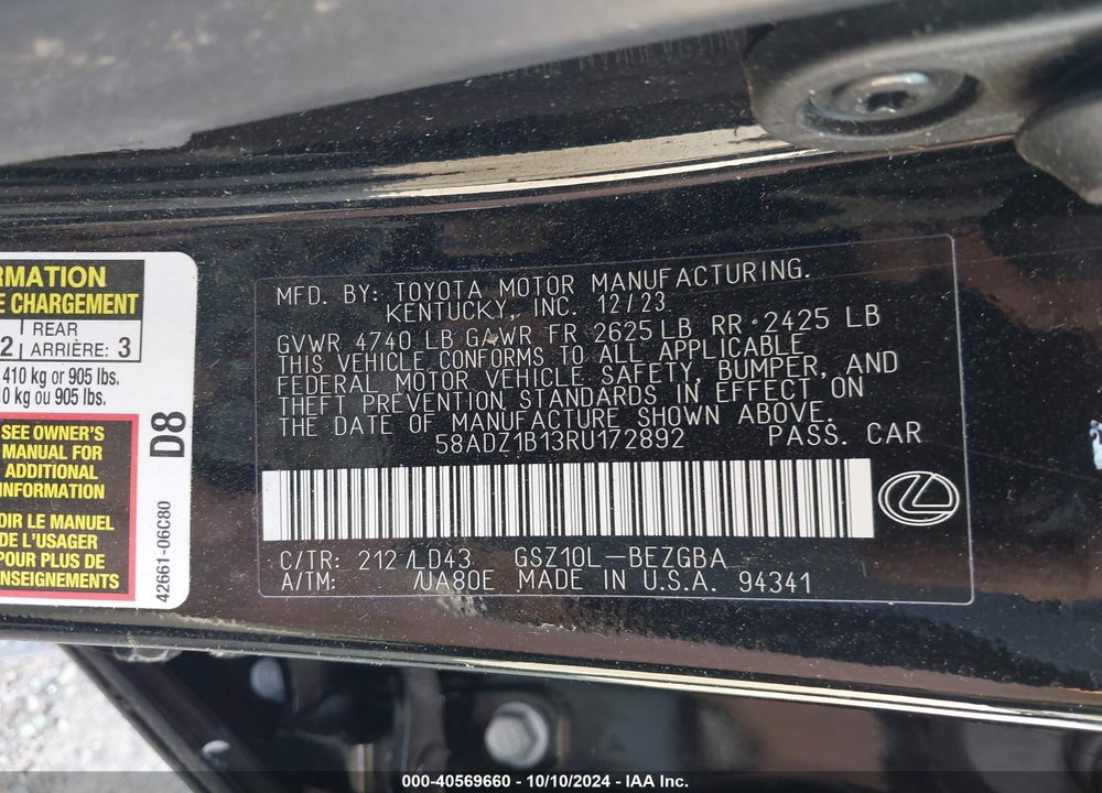 2024 LEXUS ES 350 VIN: 58ADZ1B13RU172892