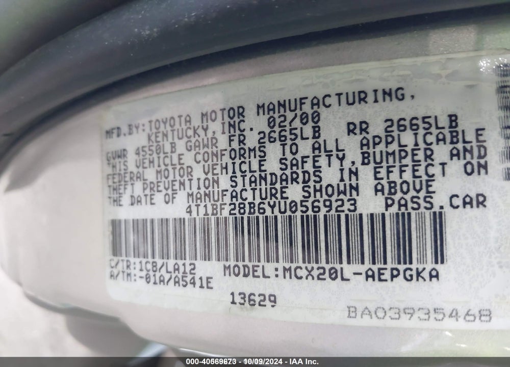 2000 TOYOTA AVALON XLS VIN: 4T1BF28B6YU056923