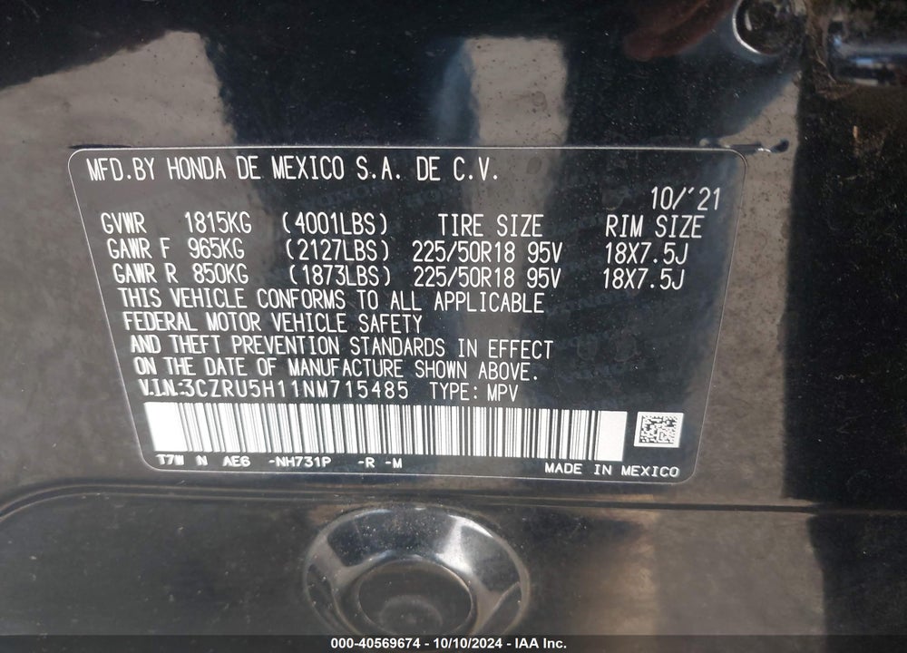 2022 HONDA HR-V 2WD SPORT VIN: 3CZRU5H11NM715485
