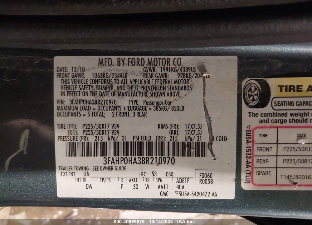 2011 FORD FUSION SE VIN: 3FAHP0HA3BR210970