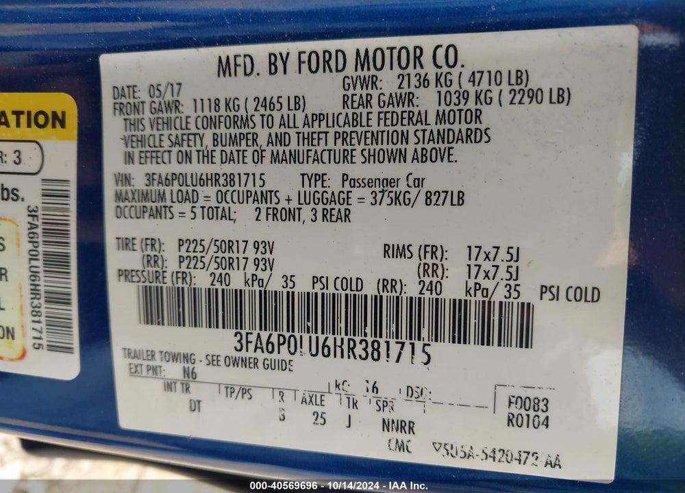 2017 FORD FUSION HYBRID SE VIN: 3FA6P0LU6HR381715