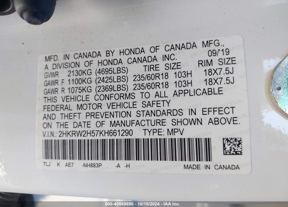 2019 HONDA CR-V EX VIN: 2HKRW2H57KH661290