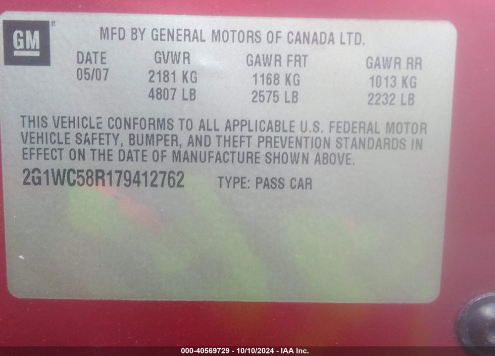 2007 CHEVROLET IMPALA LT VIN: 2G1WC58R179412762