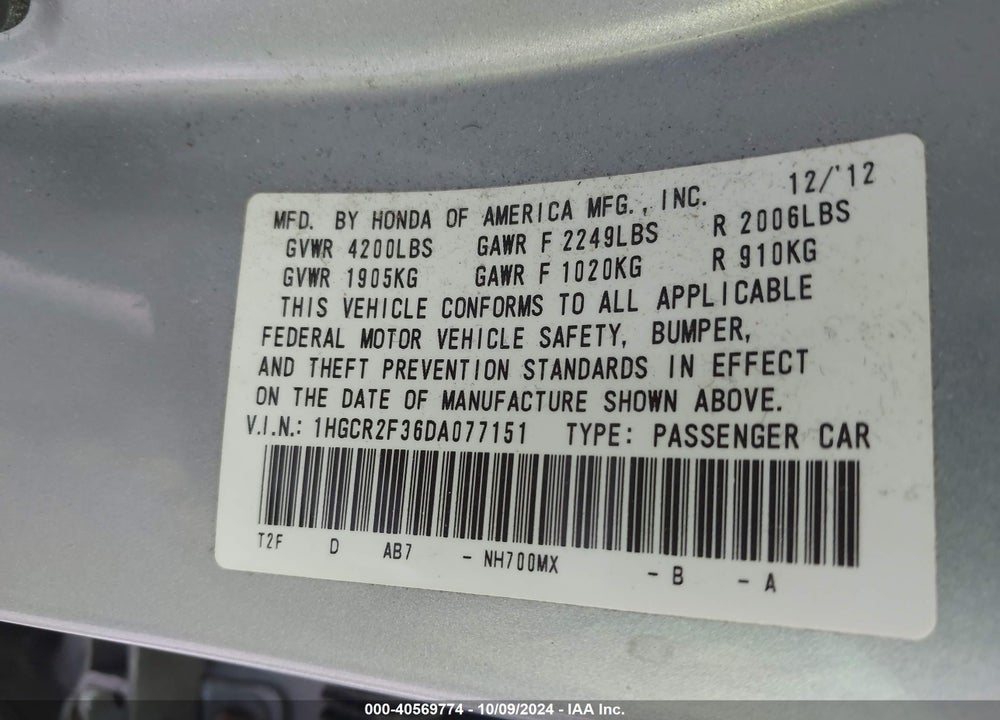 2013 HONDA ACCORD LX VIN: 1HGCR2F36DA077151