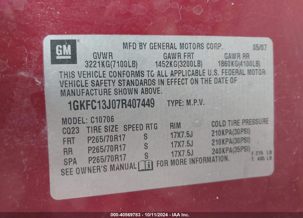 2007 GMC YUKON SLT VIN: 1GKFC13J07R407449