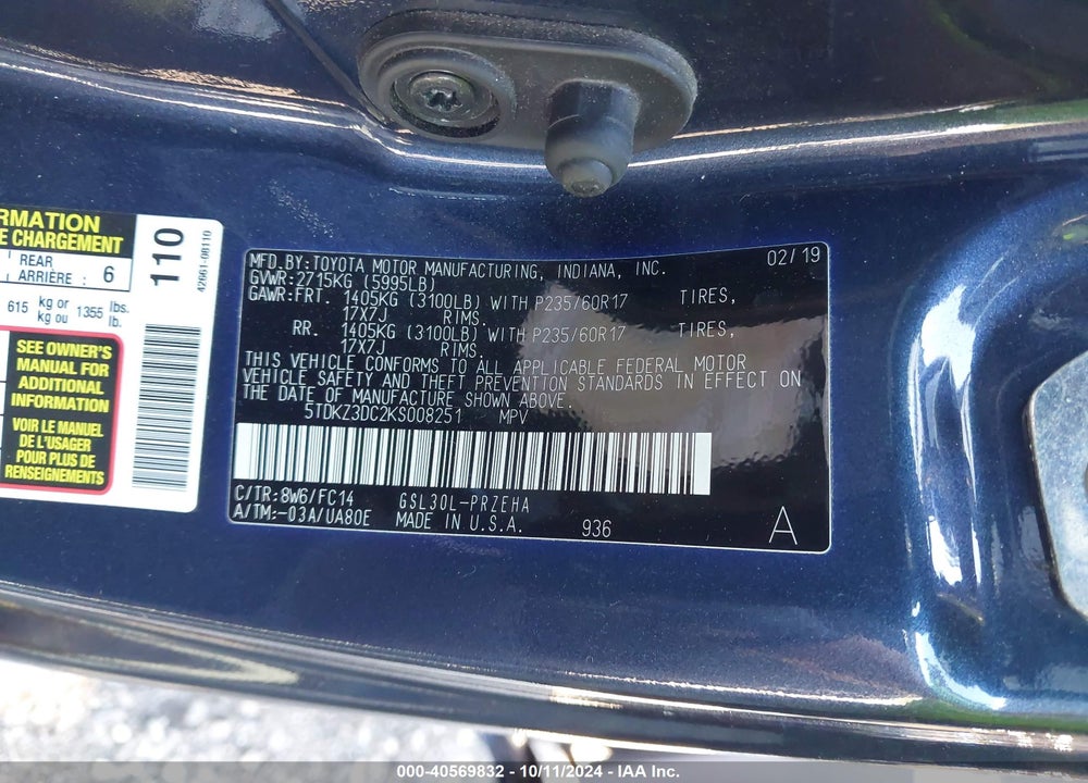 2019 TOYOTA SIENNA LE 8 PASSENGER VIN: 5TDKZ3DC2KS008251