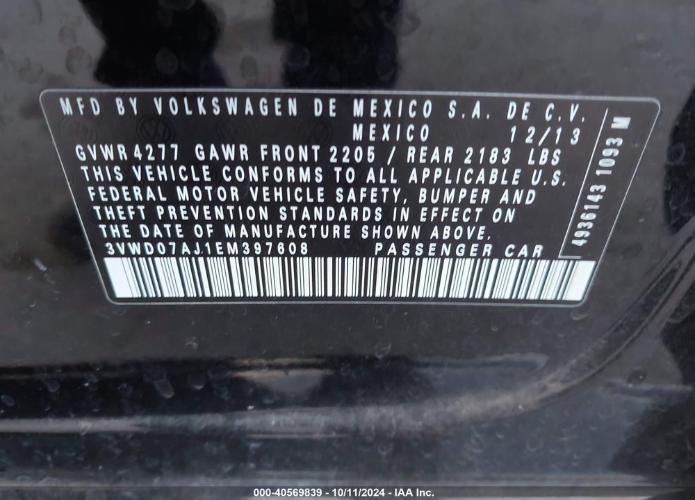 2014 VOLKSWAGEN JETTA VIN: 3VWD07AJ1EM397608