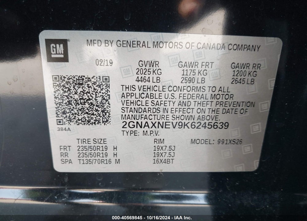 2019 CHEVROLET EQUINOX PREMIER VIN: 2GNAXNEV9K6245639