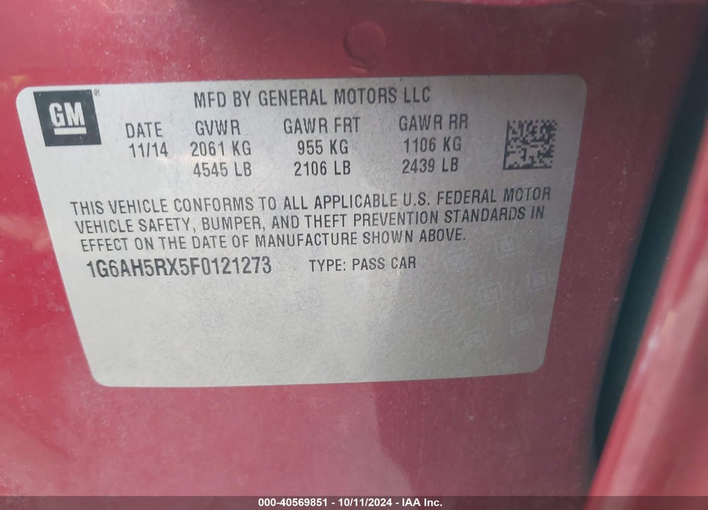 2015 CADILLAC ATS VIN: 1G6AH5RX5F0121273