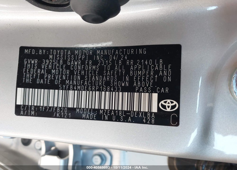 2024 TOYOTA COROLLA LE VIN: 5YFB4MDE6RP168433