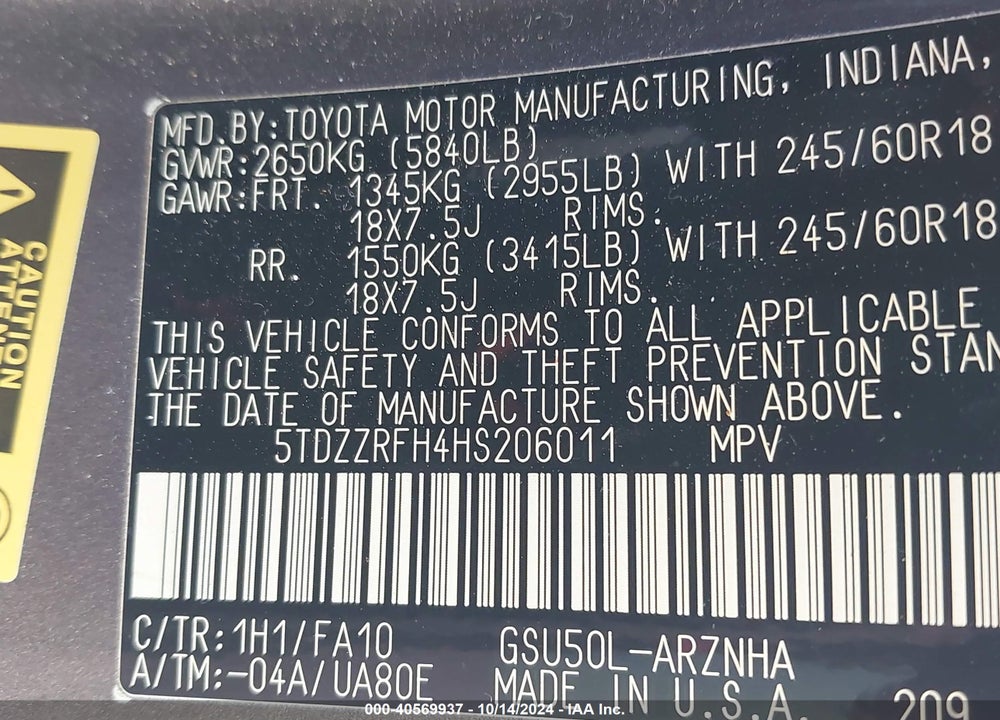 2017 TOYOTA HIGHLANDER LE PLUS VIN: 5TDZZRFH4HS206011