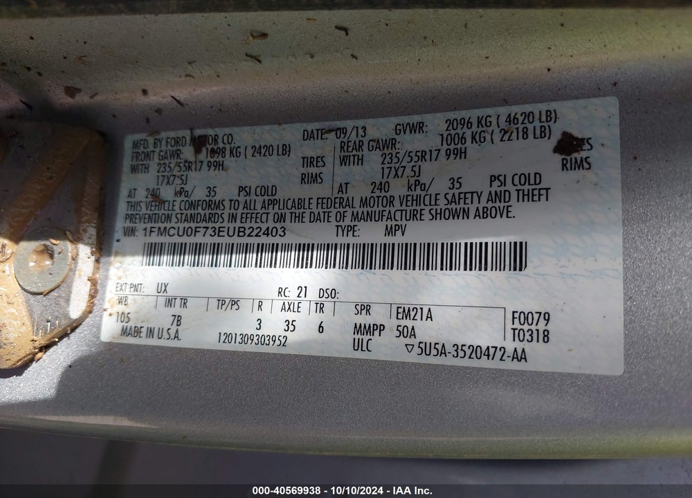 2014 FORD ESCAPE S VIN: 1FMCU0F73EUB22403