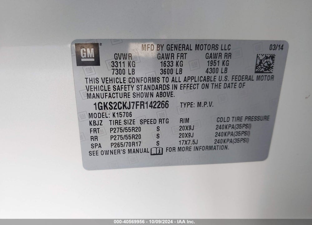 2015 GMC YUKON DENALI VIN: 1GKS2CKJ7FR142266