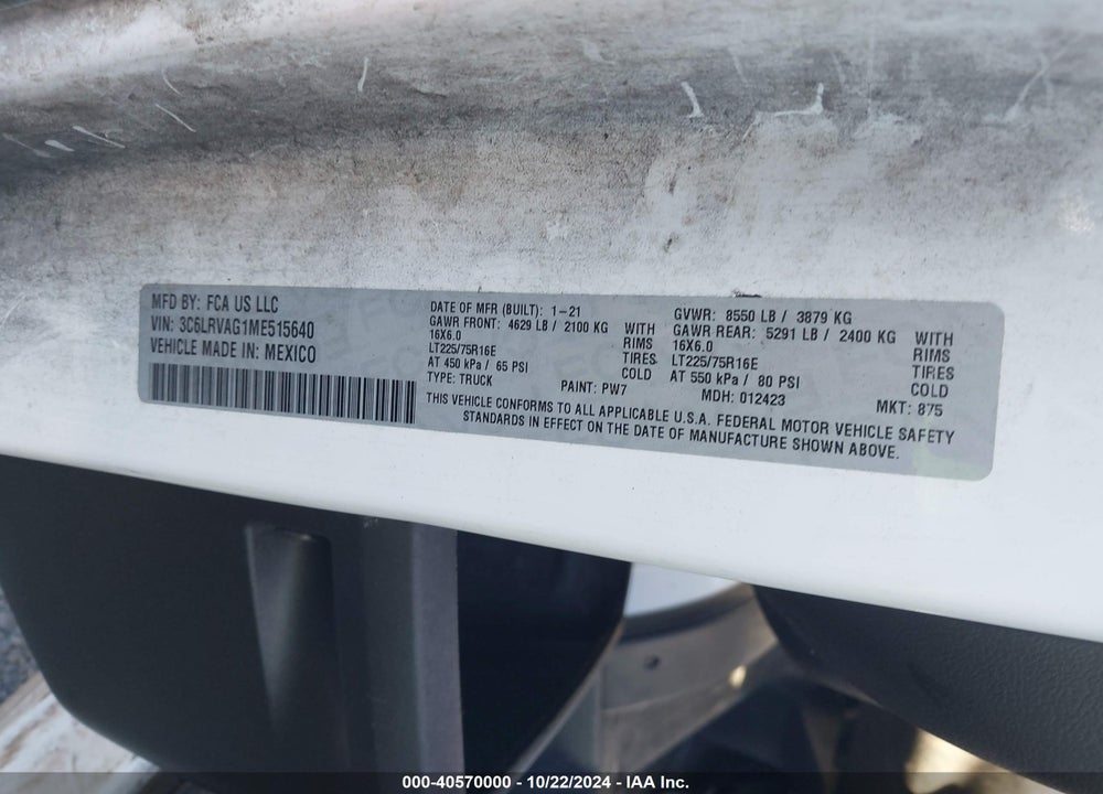 2021 RAM PROMASTER 1500 LOW ROOF 136 WB VIN: 3C6LRVAG1ME515640