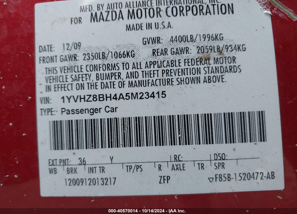 2010 MAZDA 6 VIN: 1YVHZ8BH4A5M23415